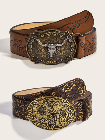 Set de 2 cinturones de estilo vaquero occidental vintage con hebilla de piel de poliuretano, versátil para hombres y mujeres, a juego con vaqueros de mezclilla, hebilla negra lacada con pintura derramada al azar