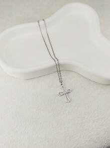 1pc Customized Stainless Steel Gothic Cross Pendant Necklace With Personalized Text, Gift For Family, Friends, Couples - Silver, Silver, Stylish, Colorful, Vintage, Simple, Unisex, Casual, Cuties, Custom, Personalized, Unique, Ideal Gifts For Him, Ideal Gifts For Her, Her, Boyfriend, Girlfriend, Dad, Mom, Family, Friends, For Anniversaries, For Birthdays, For Graduation, For Prom, For Party, Prom Season - Silver - View 3