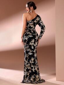 Elegancka damska jednoramienna cekinowa wieczorowa sukienka w kolorze czarnym z długim rękawem formalna suknia na bal, na wesele, na ukończenie szkoły, na kolację