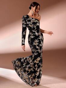 Elegancka damska jednoramienna cekinowa wieczorowa sukienka w kolorze czarnym z długim rękawem formalna suknia na bal, na wesele, na ukończenie szkoły, na kolację