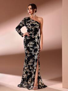 Elegancka damska jednoramienna cekinowa wieczorowa sukienka w kolorze czarnym z długim rękawem formalna suknia na bal, na wesele, na ukończenie szkoły, na kolację