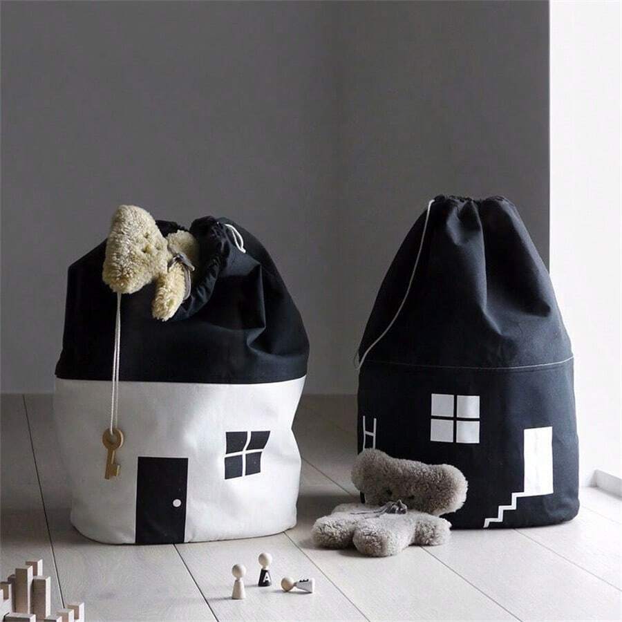 1pc House Shaped Drawstring Storage Bag, Black & White - Multicolor - View 1