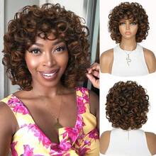 Pelucas cortas rizadas para mujer, peluca sintética de cabello afro rizado y rizado con flequillo, color negro / marrón / rubio miel degradado, fibra resistente al calor, peluca rizada corta con muelles para uso diario, peluca rizada y afro para mujer, para cosplay y fiestas
