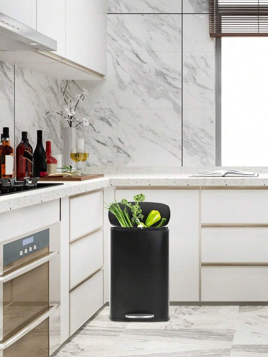 DOPINMIN 13 Gallon(50L) 410 Stainless Steel  Trash Can, Fingerprint Proof Stainless Steel Kitchen Garbage Can With Removable Inner Bucket And Hinged Lids, Pedal Rubbish Bin For Home Office - màu đen - Xem 1