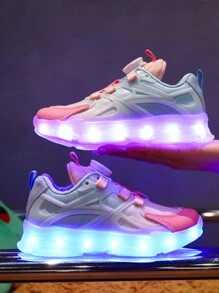 GUANGLAN Zapatos con luces LED de 7 colores que destellan y se cargan por USB, zapatillas informales de primavera y otoño para niños, zapatos luminosos para niños pequeños, niños grandes, niños, niñas y estudiantes, para correr y deportes, con botón giratorio para iluminar, blanco/negro/rosa - Rosa Fucsia - Ver 3