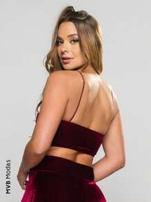 Cropped Velvet Spaghetti Strap Women's Blouse Glitter T-Shirt MVB Modas - Vinho Veludo - Xem 3