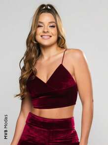 Cropped Velvet Spaghetti Strap Women's Blouse Glitter T-Shirt MVB Modas - Vinho Veludo - Xem 1