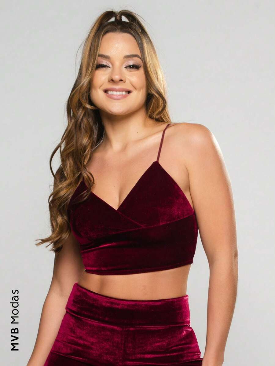 Cropped Velvet Spaghetti Strap Women's Blouse Glitter T-Shirt MVB Modas - Vinho Veludo - Xem 1