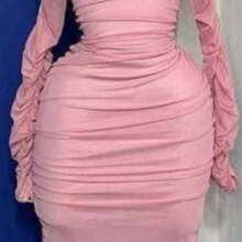 Vestido tela mesh fruncido manga larga fruncidas hombros caidos sexy juvenil coquette moda chic - Rosa Pálido - Ver 2