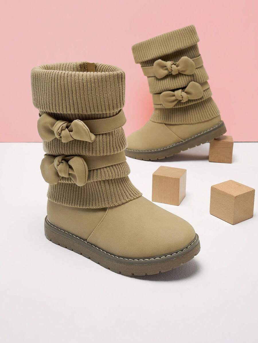 Girl's Mid Calf Snow Boots With Bow, Lined Warm & Comfortable Winter Boots - 卡其色 - 查看 1