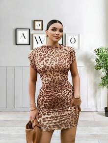 New Leopard Print High Waist Bodycon Dress With Round Neck For Summer - Multicolor - View 2