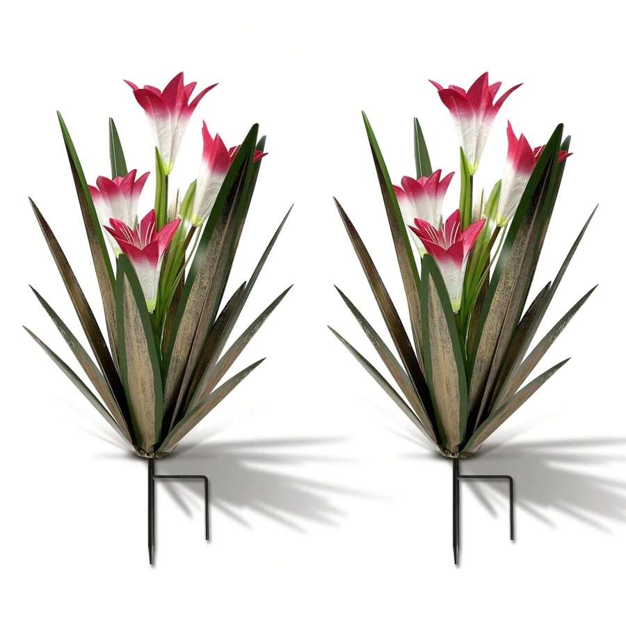 Metal Agave Plant Outdoor Decoration Outdoor Garden Decoration Lily Mexican Yard Art Plant Garden Agave Lily Decorative Garden Gift(2 Big Red Lilies) - Đỏ - Xem 1