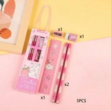 5入組/套卡通圖案鉛筆帶橡皮和卷筆刀和卡通動物印花鉛筆套裝適用於學校學生