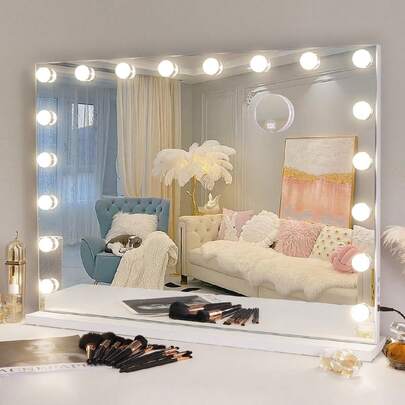 FENCHILIN Bluetooth Hollyw Ood Makeup Mirror With 18 LED Bulbs Hollyw Ood Makeup Mirror Polite With 3 Lighting Modes Vanity Mirror With Detailed Mirror 10x White 80x58cm