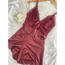Baby Doll Pajamas Sexy Short Doll Women's Luxury Lace Detail - 酒紅色 - 查看 3