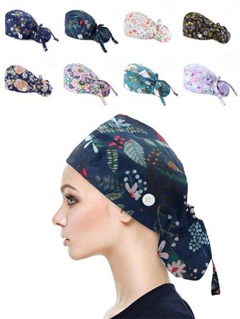 1 pieza Sombrero de trabajo para mujeres de mezcla de poliéster con estampados de plantas y paisajes, antibacteriano y a prueba de polvo, ganchos para cuerdas de máscara, diseño de diadema, adecuado para trabajadores médicos y de atención médica