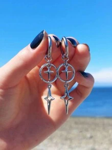 1pair Punk Star Cross Earrings For Women Korean Y2k Jewelry Accessories Gift Rock Grim Silver Color Hollow Heart Star Drop Ear Hooks - Hoa tai - Xem 1