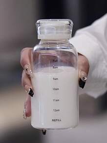 1 pieza Botella de agua de vidrio para el coche con gran capacidad y escala, resistente a altas temperaturas, de doble tapa, con pajita, taza para té de frutas, taza de leche para amantes de actividades al aire libre, disponible en 350ml/450ml/750ml, color transparente y gris - transparente - Ver 5