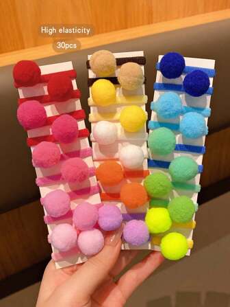30st blandade färger Pom Pom-hårscrunchies, söt och söt stil, daglig användning av hårtillbehör