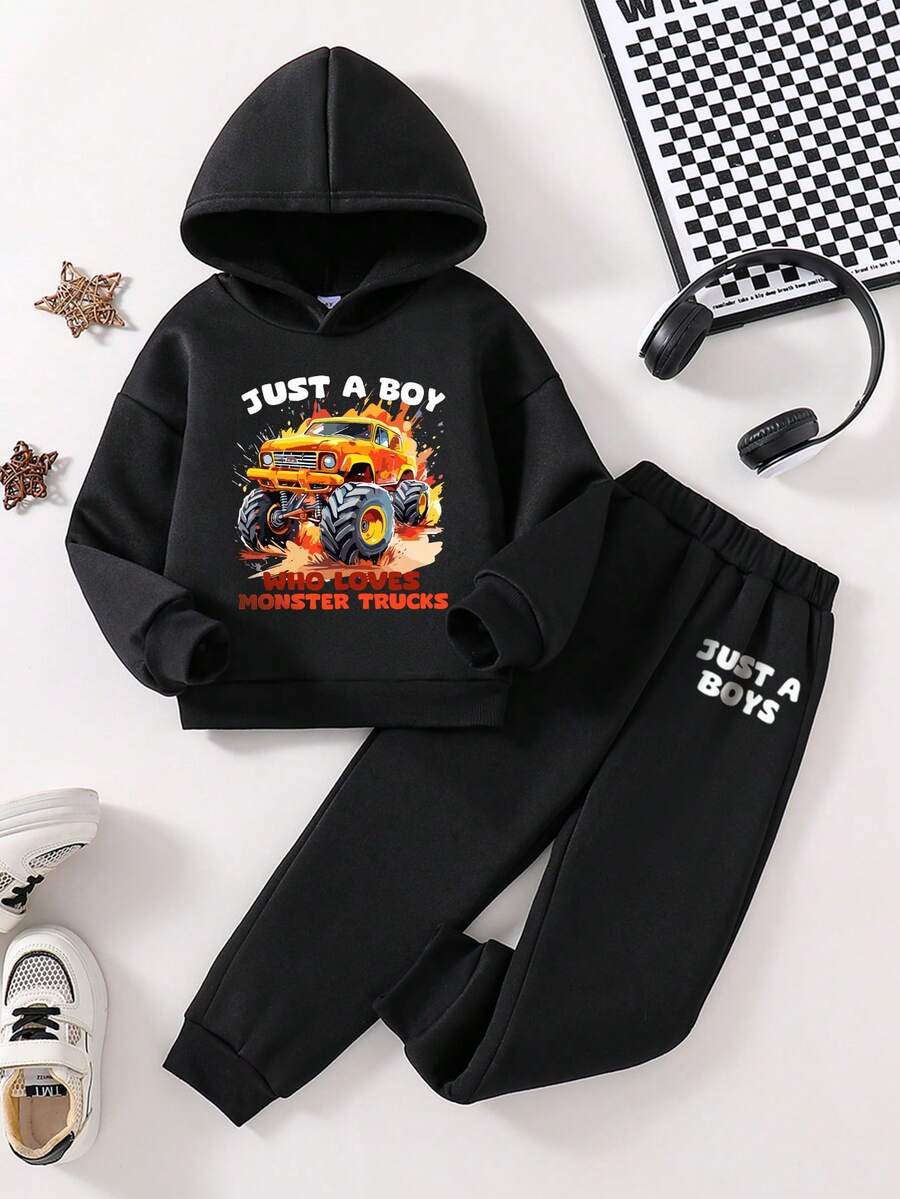 Toddler Cartoon Print Warm Hoodie And Sweatpants Set - Black - View 1