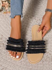 Sandales plates style vacances avec décoration de franges, tongs d'été pour la plage pour femmes