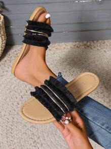 Sandales plates style vacances avec décoration de franges, tongs d'été pour la plage pour femmes