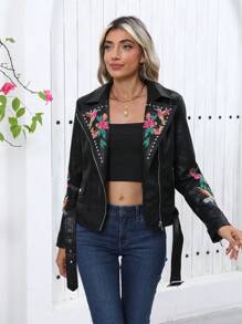 Risissida 女士复古花朵 PU 皮夹克，采用多彩朋克双袖设计 - 适合秋冬季节，附赠腰带，女士皮革夹克