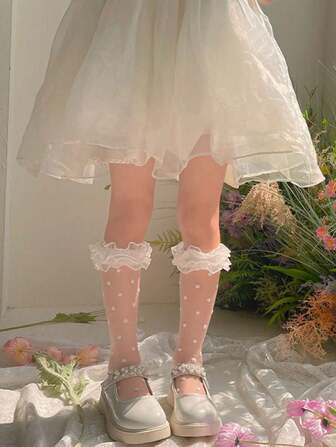 1 Pair Japanese Style New Arrivals Spring/Summer Cute Crystal Polka Dot Double-Layer Organza Ruffle Socks