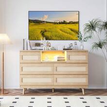 Rattan Dresser For Bedroom With 6 Drawers,Nursery Dresser With LED Lights And Charging Station,6 Drawer Double Dressers,Modern Wooden Dresser Chest,Tall Dresser Beside Table For Closet,Nursery,Living Room - 木材顏色 - 查看 7