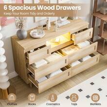 Rattan Dresser For Bedroom With 6 Drawers,Nursery Dresser With LED Lights And Charging Station,6 Drawer Double Dressers,Modern Wooden Dresser Chest,Tall Dresser Beside Table For Closet,Nursery,Living Room - 木材顏色 - 查看 2