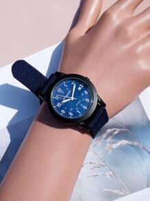 1pc Nylon Braided Band 24 Hour Numeric Scale Watch With Date Display, Waterproof Quartz Watch For Boy And Girl, Students Time Learning Gift - Navy Blue - View 3