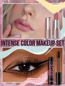 Misslyn 浓彩彩妆套装，2 件装，CREAM CRUSH 唇膏 FS，奶油色，保湿唇膏，Nude Lust，Nude，1 支，哑光唇釉，打造浓郁持久的妆容，高显色度和保湿度，性感天鹅绒防晕染，女士化妆品，浓密睫毛膏，浓密丰盈，快干，持久，显著丰盈，丰盈效果，定义睫毛，高显色度，不结块，浓密色彩 - #83 AT FIRST BLUSH+#1 BLACK - 查看 2