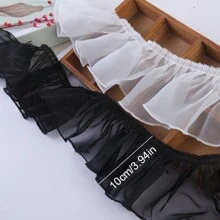 10 厘米/3.94 英寸宽褶皱荷叶边欧根纱蕾丝边面料缝纫用品 - 黑色 - 查看 5