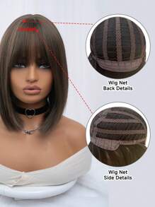 1-Piece Synthetic Heat Resistant Straight Hair With Bangs Wig Cold Brown 12 Inch Fully Machine Woven Daily Natural Realistic Wig