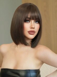 1-Piece Synthetic Heat Resistant Straight Hair With Bangs Wig Cold Brown 12 Inch Fully Machine Woven Daily Natural Realistic Wig