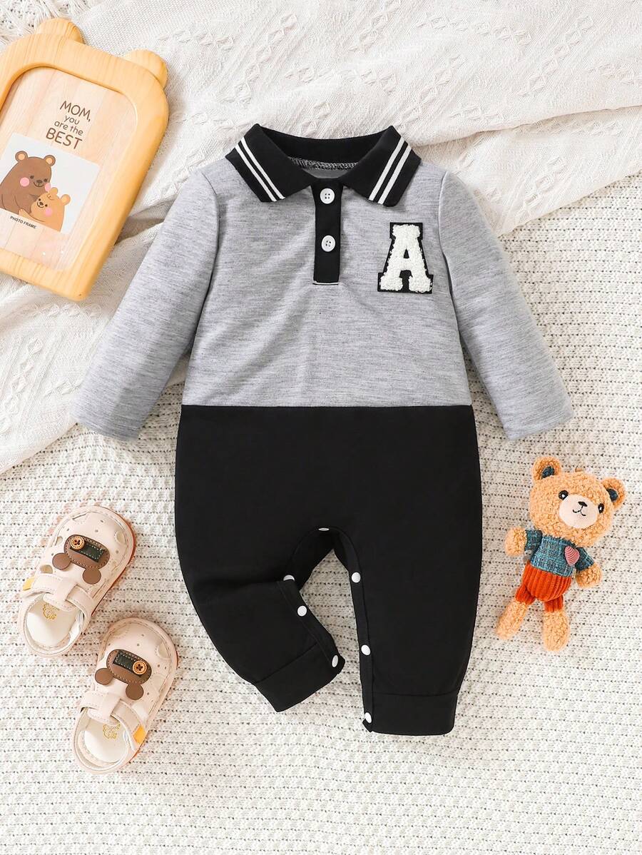 Baby Jungen Herbst/Winter Poloshirt Romper mit gesticktem Aufnäher, im Collegestyle