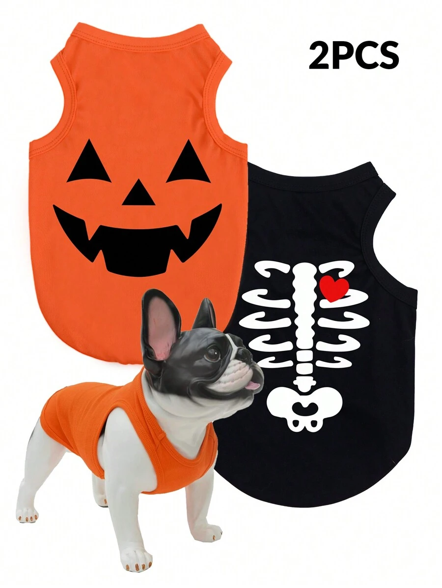 LUCKIE LABO 2 件/套万圣节骷髅印花防跳蚤、减少脱落、隔热、透气黑色背心，适合猫狗，室内外使用