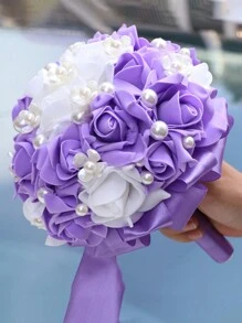 1PC Wedding Bouquet Bride Bridesmaid holding flowers Bride Mariage Party DIY Decor Wedding Accessories Color blocking design Artificial Foam Roses Flower pearl Bride Bouquet Wedding Party - Purple - View 10