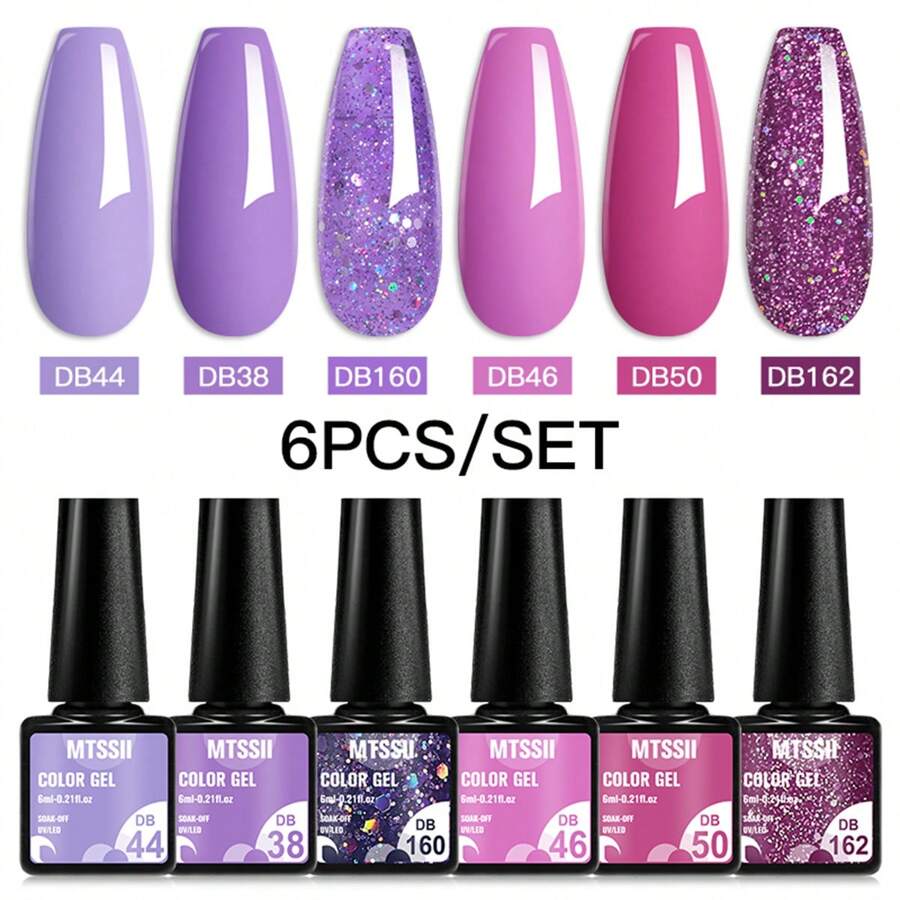 6Pcs/Set Sparkly Purple Red Gel Nail Polish Set Glitter Semi Permanent Nail Art LED UV Gel Varnish Nail Supplies Nails - Nhiều màu - Xem 1