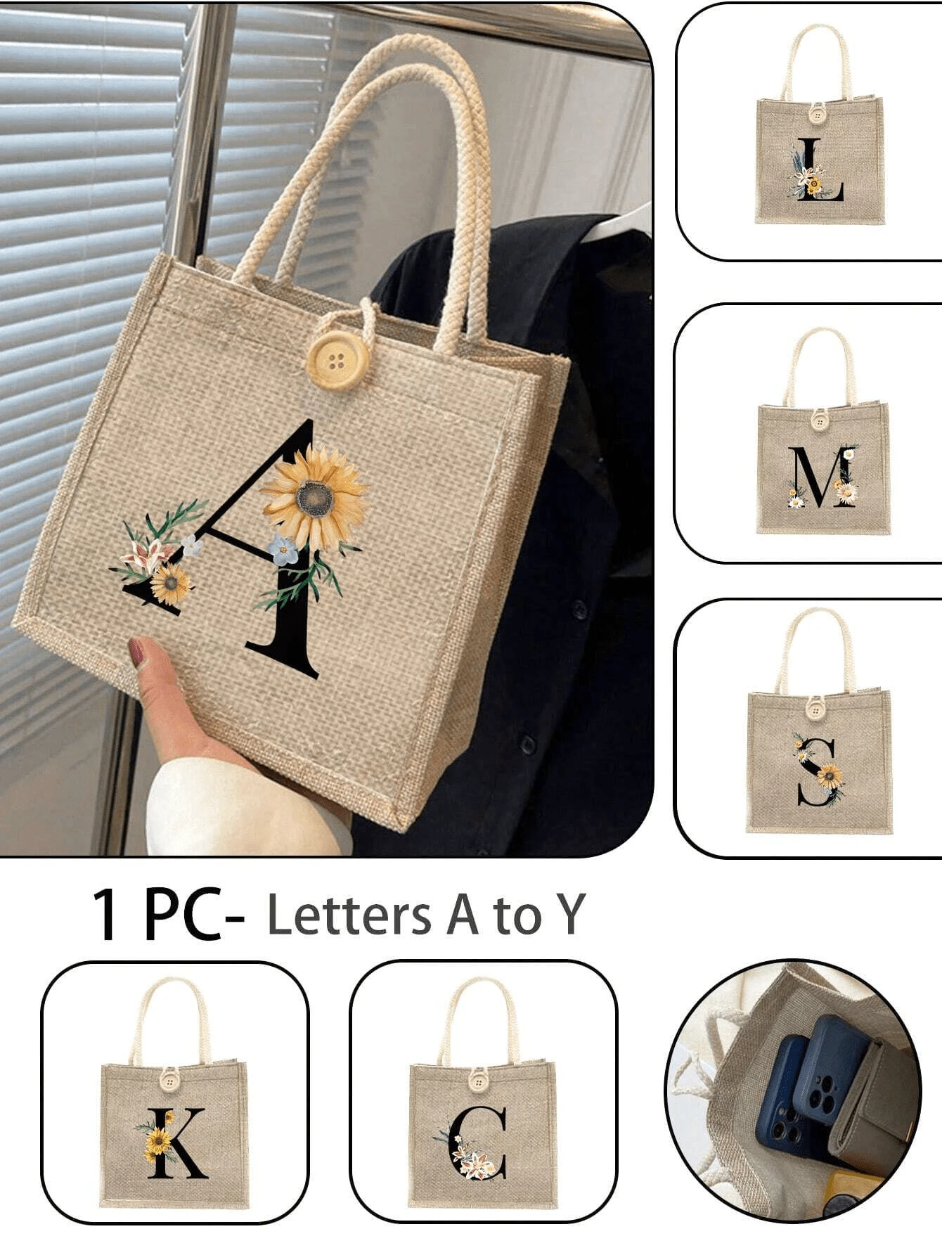 1个字母图案手提袋,雏菊印花亚麻手提袋,纽扣装饰手提袋,简约大容量手提袋,便携休闲收纳手提袋,多功能购物袋 - 卡其色 - 查看 1