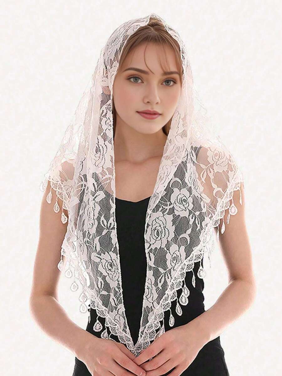1pc Women Lace Tassel Trim Scarf Headband, Elegant Fashion Triangle Scarf Shawl, Suitable For Daily Wear Valentine's Day Accessories - 03-white - View 1