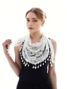 1pc Women Lace Tassel Trim Scarf Headband, Elegant Fashion Triangle Scarf Shawl, Suitable For Daily Wear Valentine's Day Accessories - 03-white - View 2