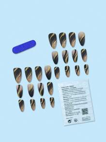 24 piezas Puntas de uñas largas y puntiagudas, set de uñas postizas artificiales con rayas de lentejuelas doradas y negras, adecuado para fiesta o uso diario uñas falsas uña falsa uña acrílica - Negro - Ver 2