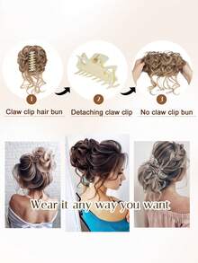 女士凌乱发髻发夹，凌乱波浪卷发髻接发，蓬松盘发发髻夹式合成假发马尾接发（草莓金和漂白金混合） - 查看 3