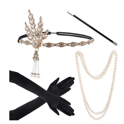 1 Set mit 4 Teilen 1920er Jahre Damen Party Accessoires Set, Flapper Girl Haarband, 20er Jahre Kopfschmuck, Halskette, Handschuhe für Abschlussball Halloween