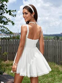 PARTHEA Square Neck Tie Front Lace Spliced Ruched Bodycon Dress - White - View 2