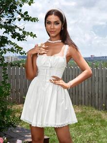 PARTHEA Square Neck Tie Front Lace Spliced Ruched Bodycon Dress - White - View 3