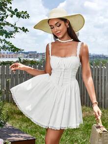 PARTHEA Square Neck Tie Front Lace Spliced Ruched Bodycon Dress - White - View 5