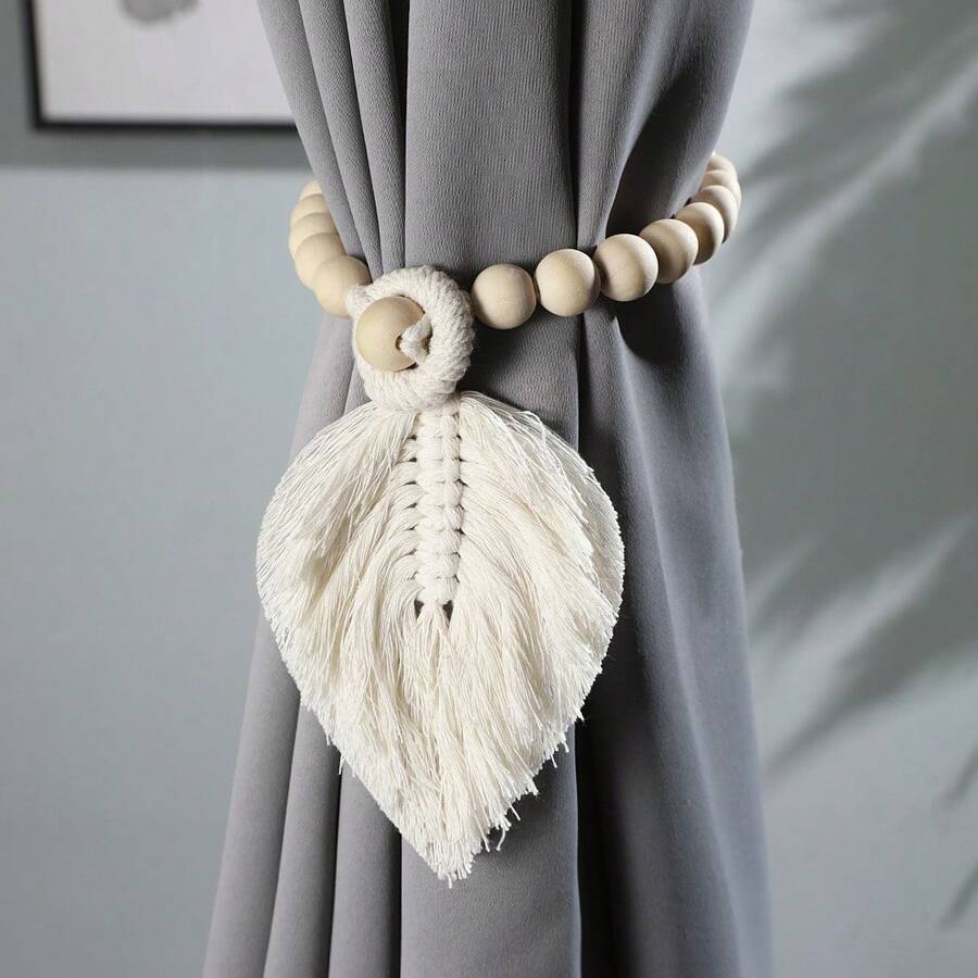 1pc Tassel & Wooden Bead Curtain Tie-Backs, Simple Hotel/Home Decorative Window Curtain Ropes - Beige - View 1