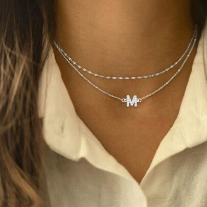 2件套新款字母吊坠不锈钢珠链项链套装，女士款